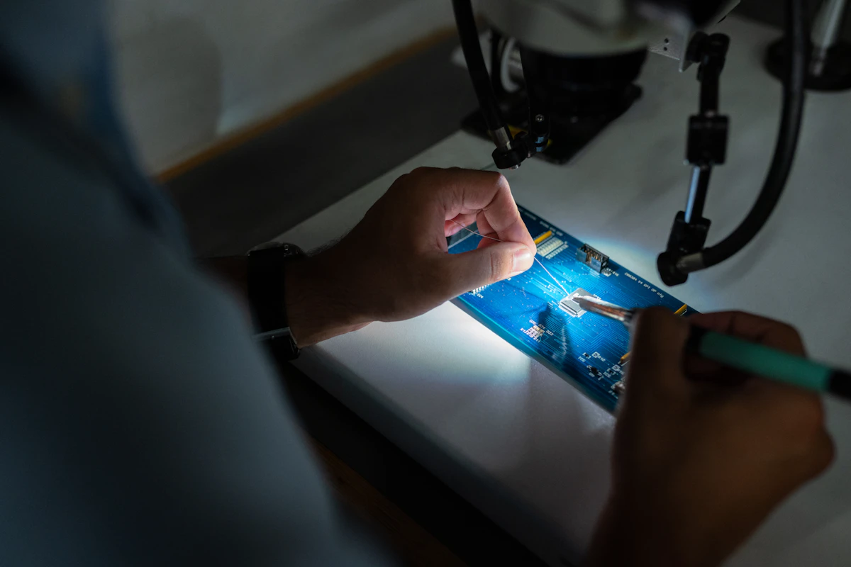 Technician working on a phone at a repair bench