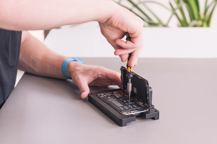 Technician using precision tools on a device