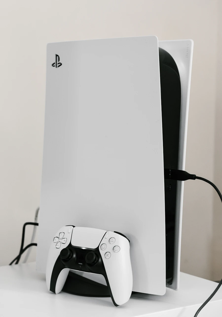 White PlayStation 5 console with a DualSense controller