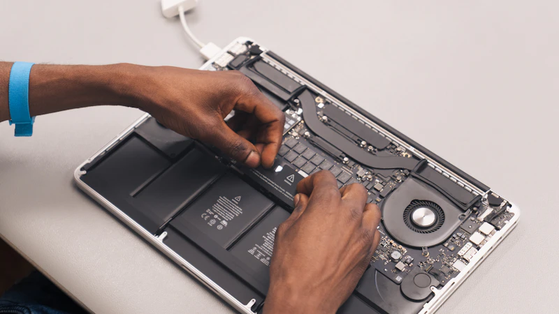 Technician repairing the inside of a laptop