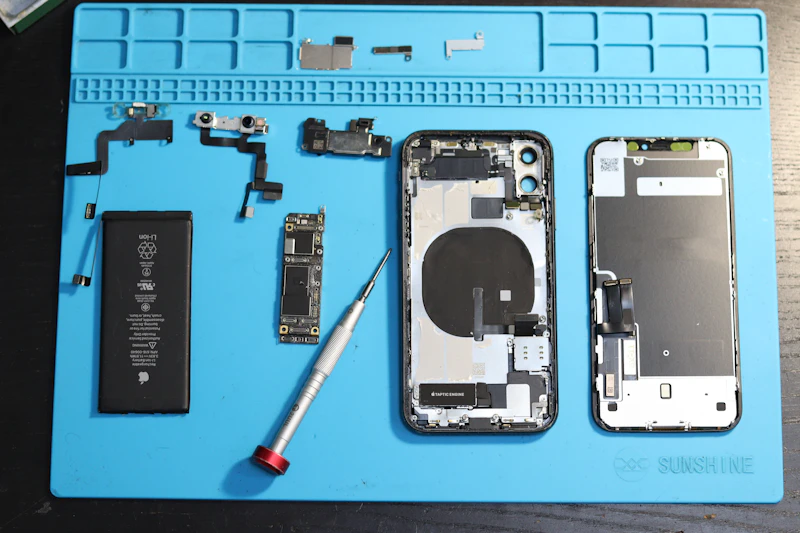 Disassembled iPhone parts laid out on a repair mat
